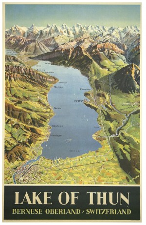 Lake of Thun Bernese Oberland Switzerland Max Bieder Vintage Travel Poster 1946